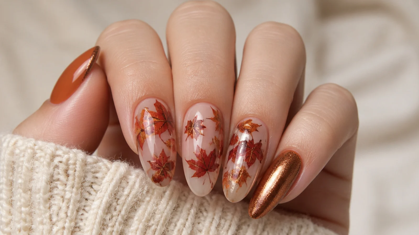 Autumn maple leaf blooming gel nails in orange, red and brown
