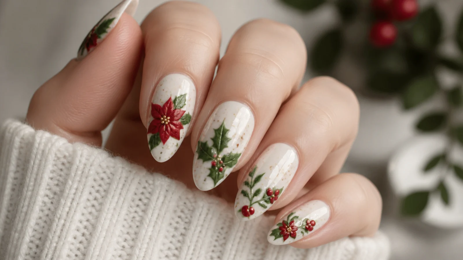 Red poinsettia and green holly blooming gel nails on white