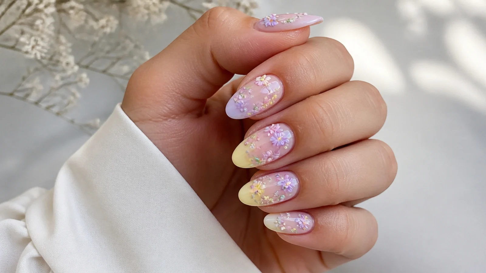 Pastel mixed flower blooming gel nails in pink, yellow and lilac
