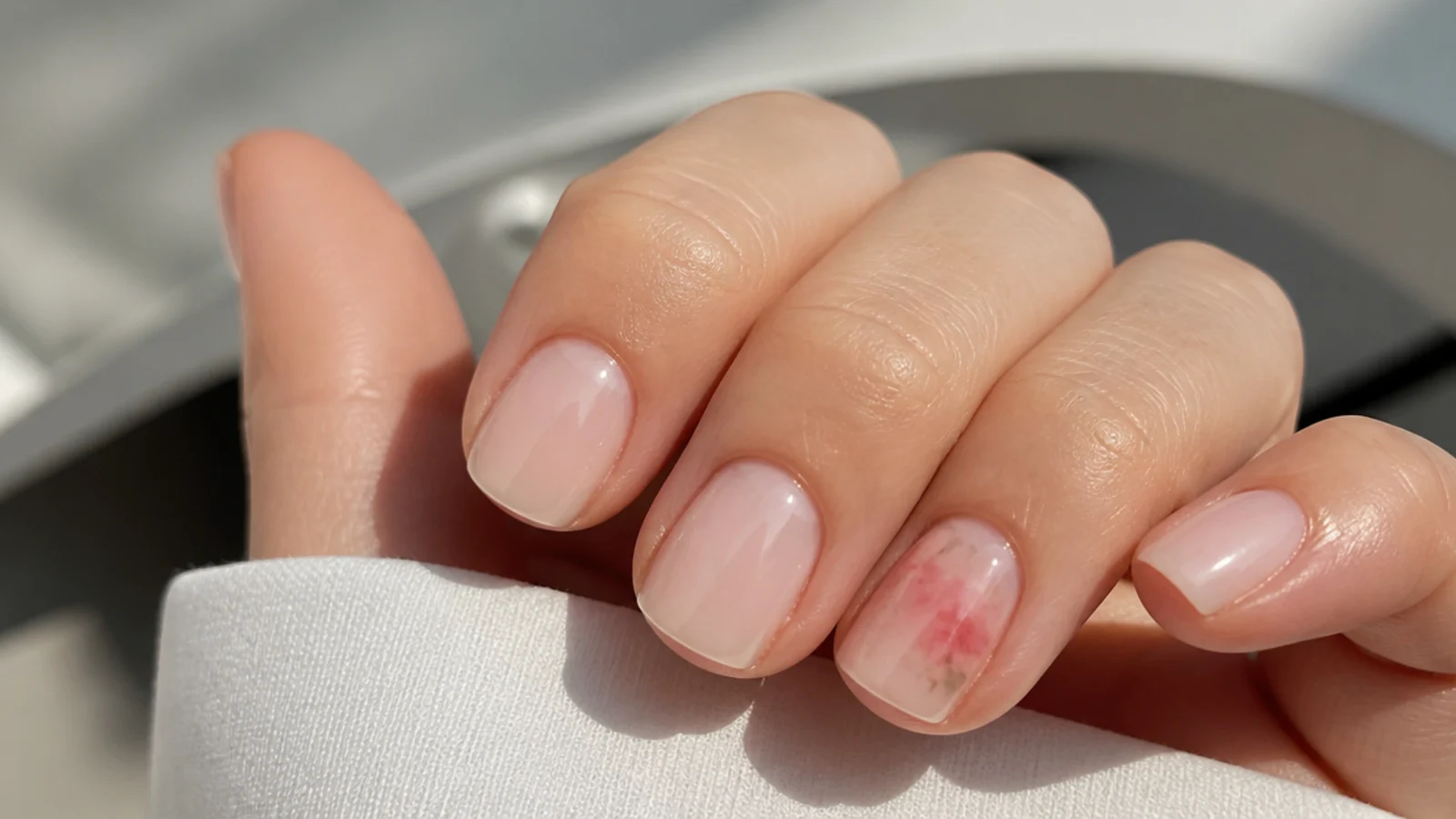 Short nude blooming gel nails with one diffused floral accent nail