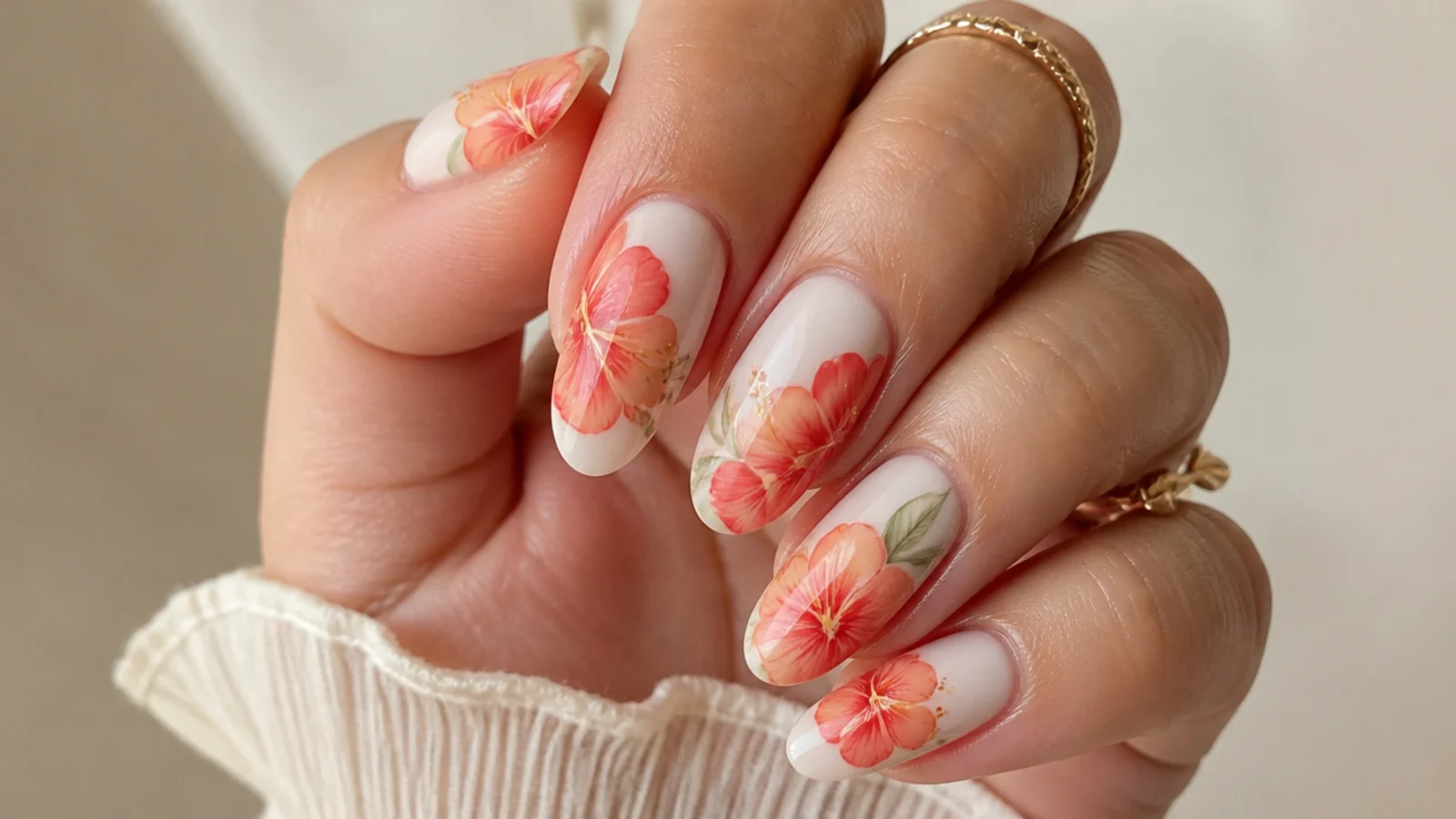 Coral and peach hibiscus blooming gel nails on a cream base