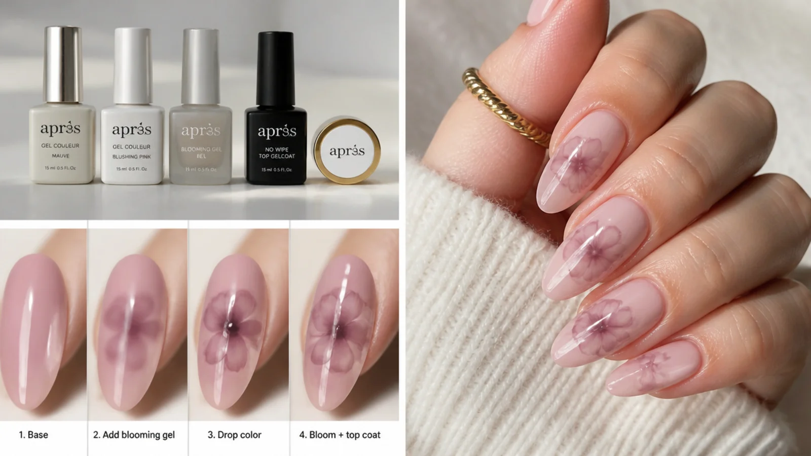 Step-by-step blooming gel supplies and a nail mid-bloom at home