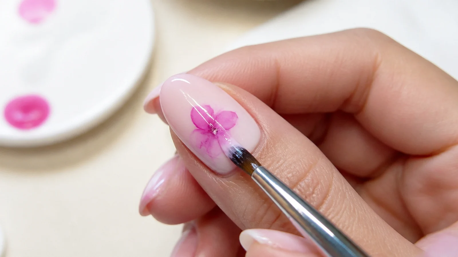 Clear blooming gel spreading colored gel into a watercolor bloom on a nail