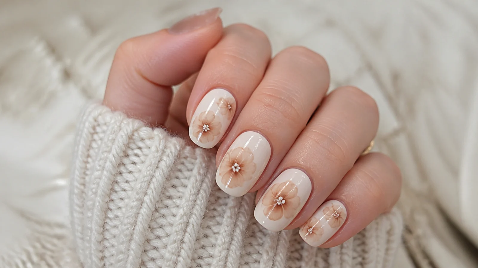 Soft caramel watercolor flower blooming gel nails on a cream base
