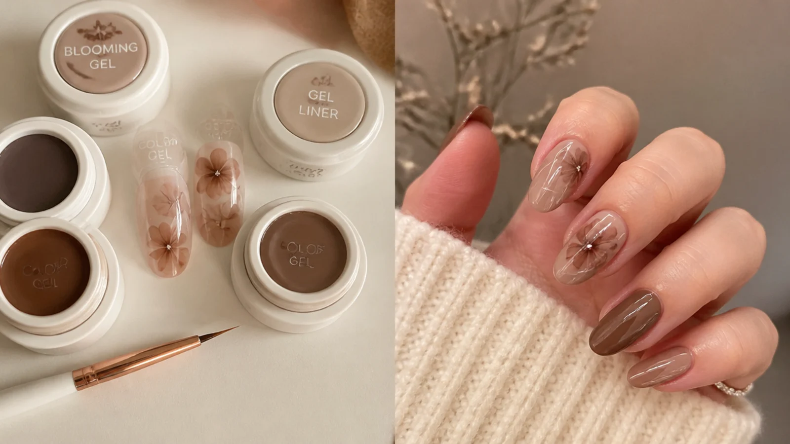 Brown gel colors, blooming gel and a liner brush laid out for an at-home manicure