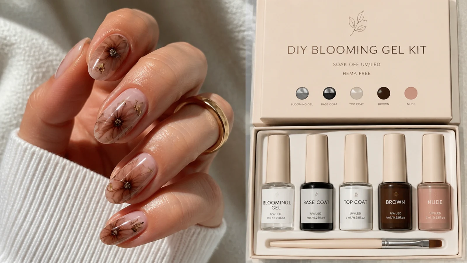 Brown blooming gel manicure next to an at-home DIY blooming gel kit