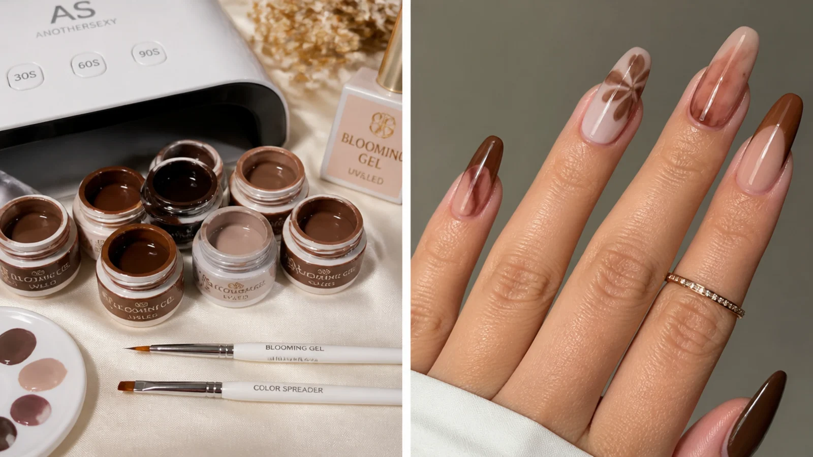 Flat lay of blooming gel supplies including lamp, brushes and brown gel colors
