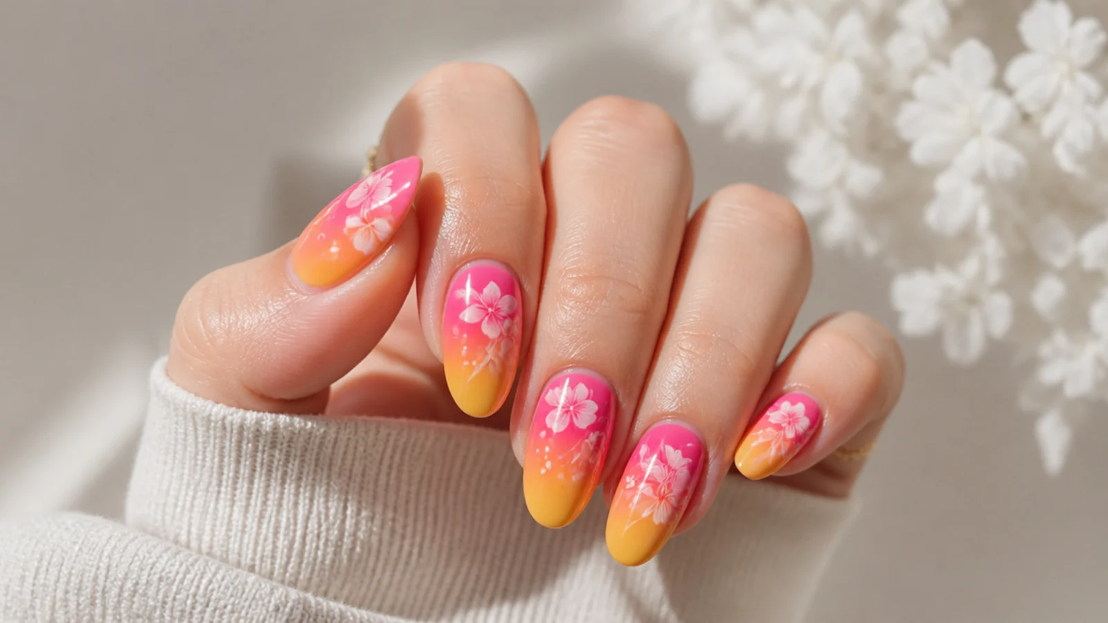 Blooming gel nails fading from pink through orange to yellow