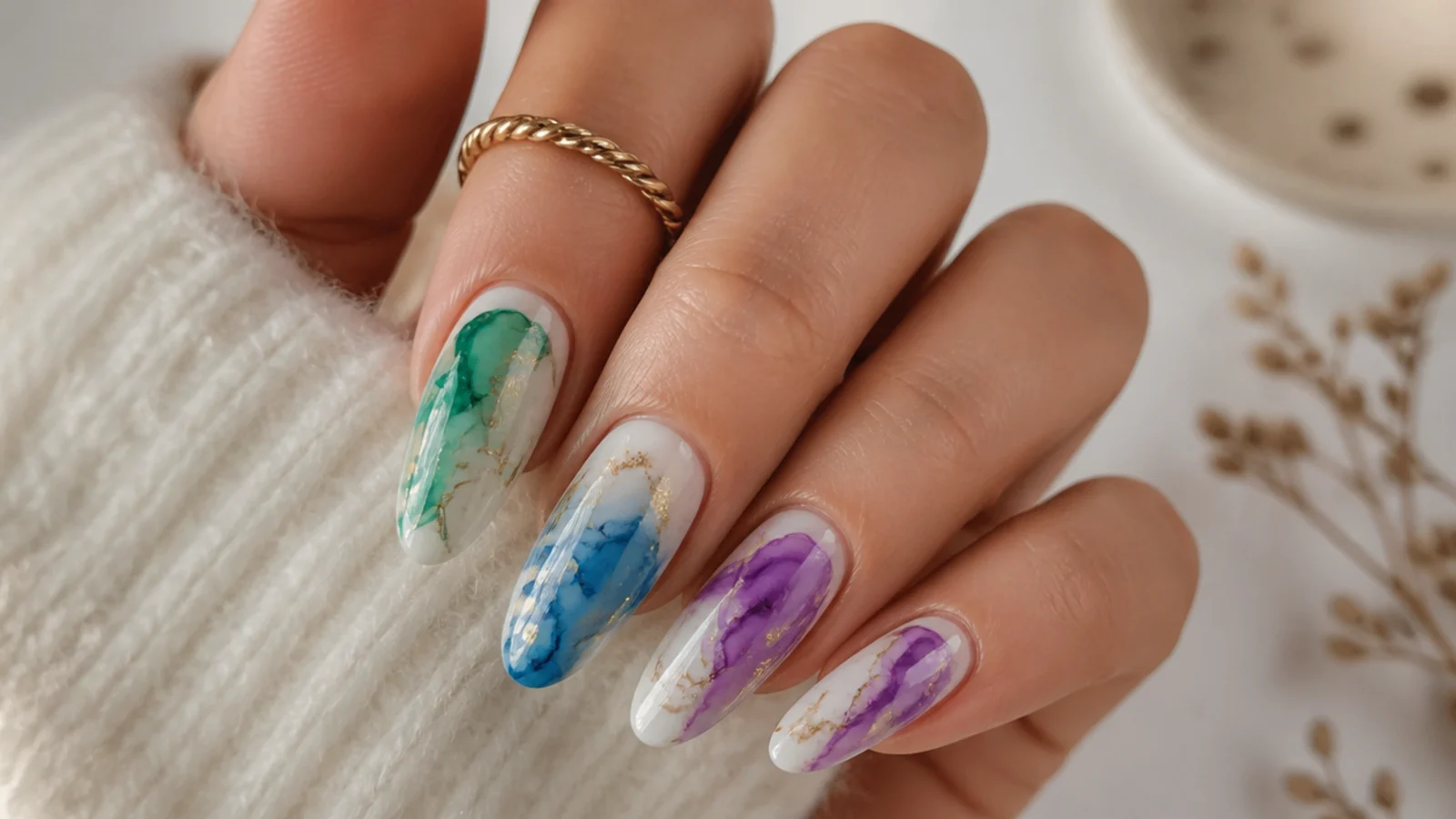 Blooming gel nails with emerald, sapphire and amethyst marble veining