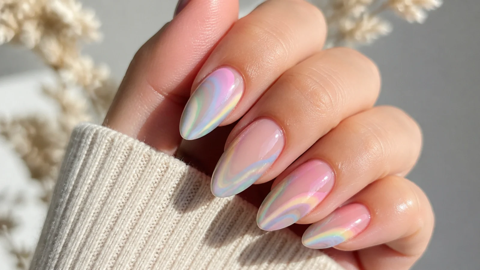 Blooming gel nails with soft pastel rainbow swirls