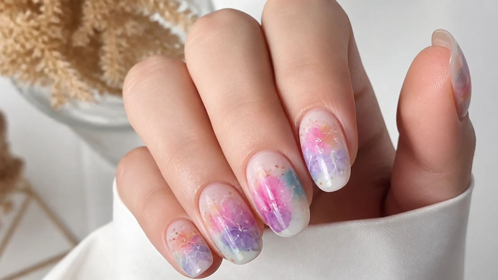 Blooming gel nails with diffused multicolor watercolor flowers