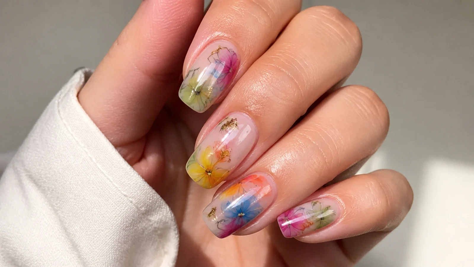 Blooming gel nails with soft blurred blocks of bright color