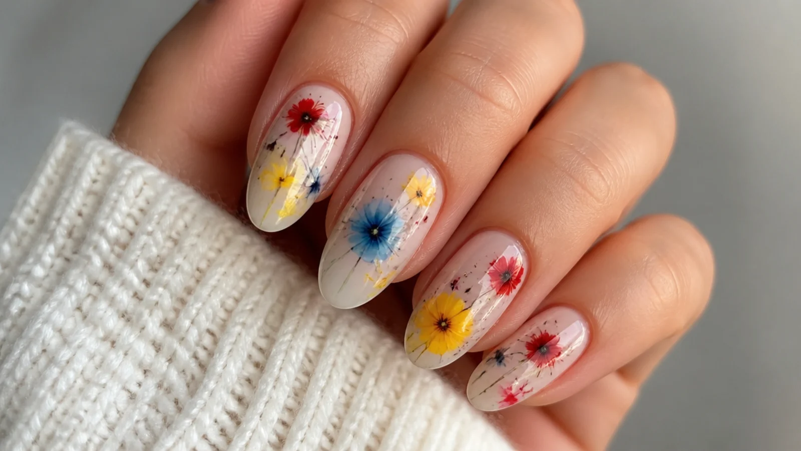 Blooming gel nails with red, yellow and blue splatter-style blooms