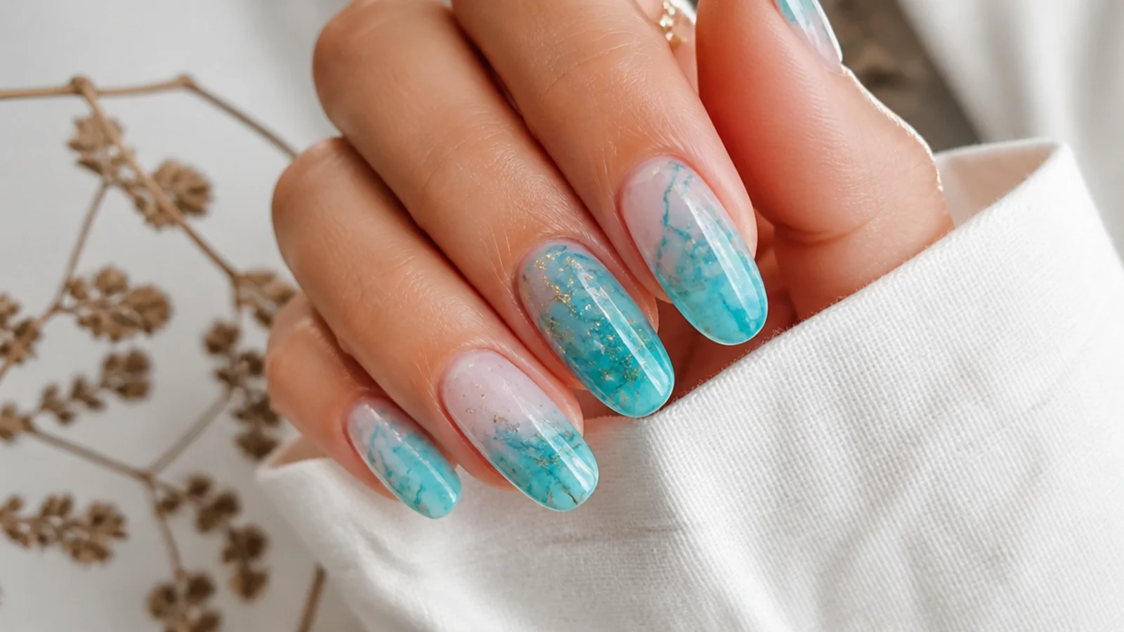 Blooming gel nails with turquoise and aqua ocean-like diffusion