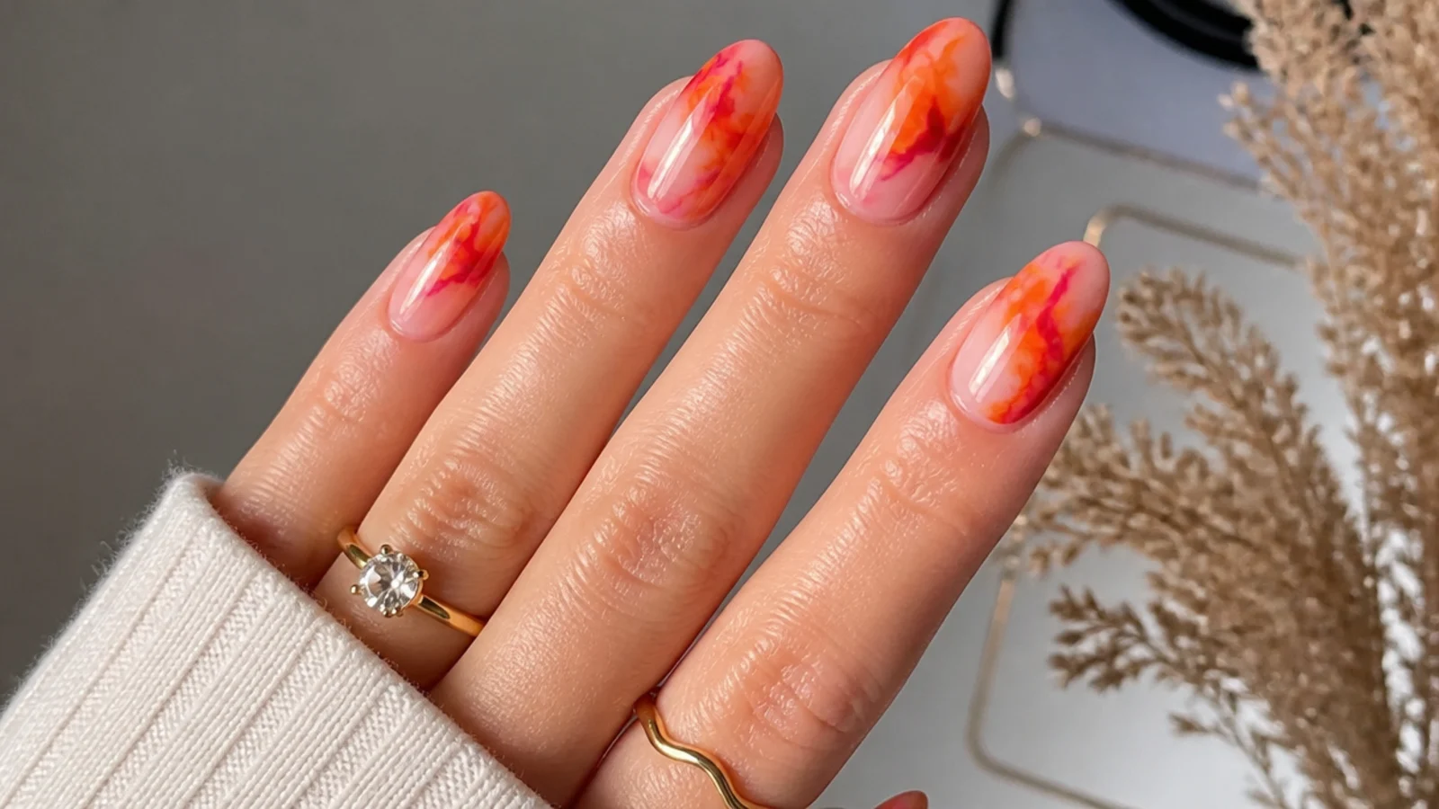 Blooming gel nails with red and orange flame-like diffusion