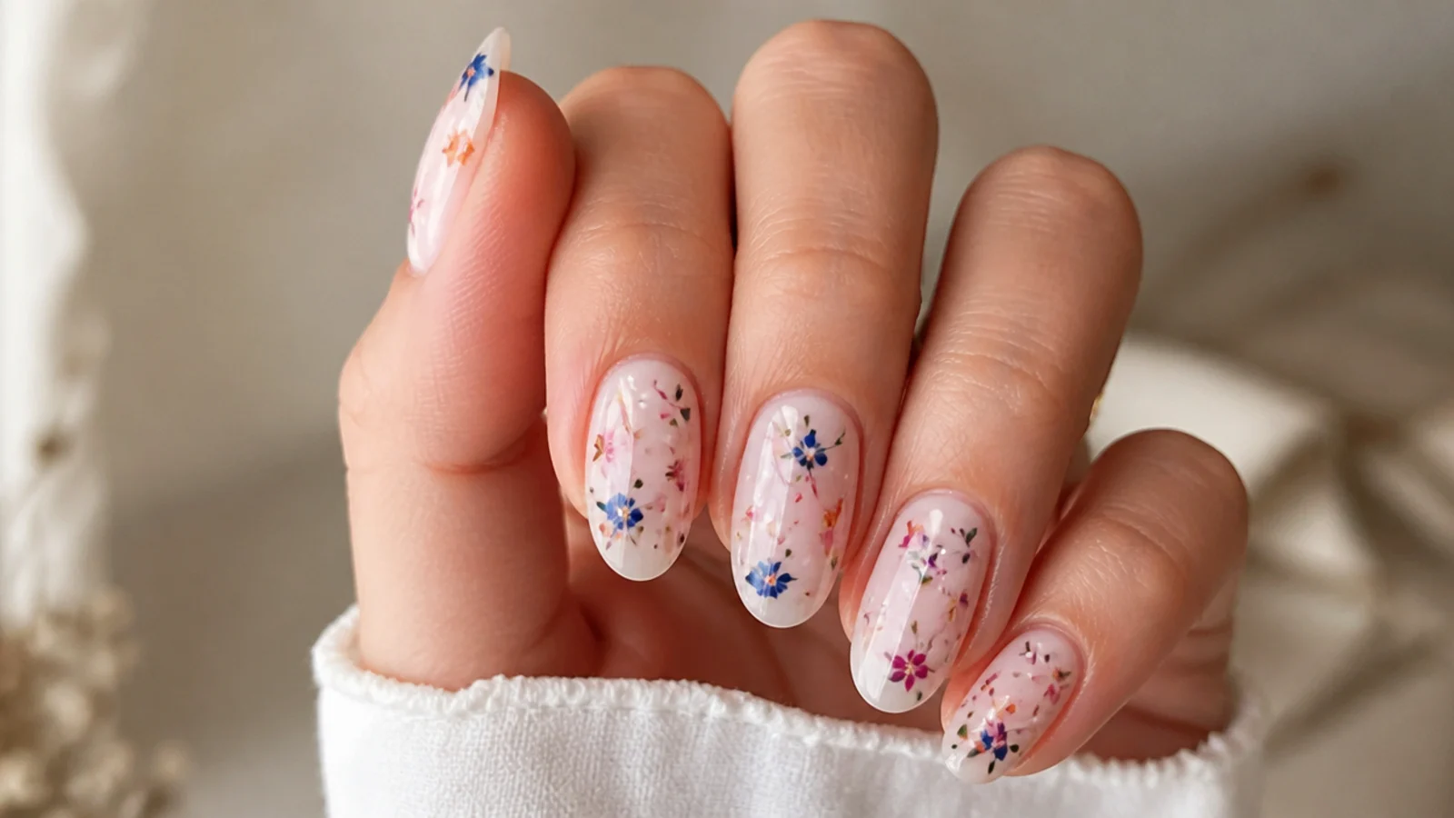 Blooming gel nails with scattered multicolor confetti-like blooms