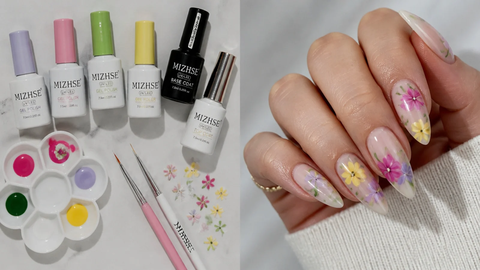 Nail supplies for a colorful blooming gel manicure laid out flat