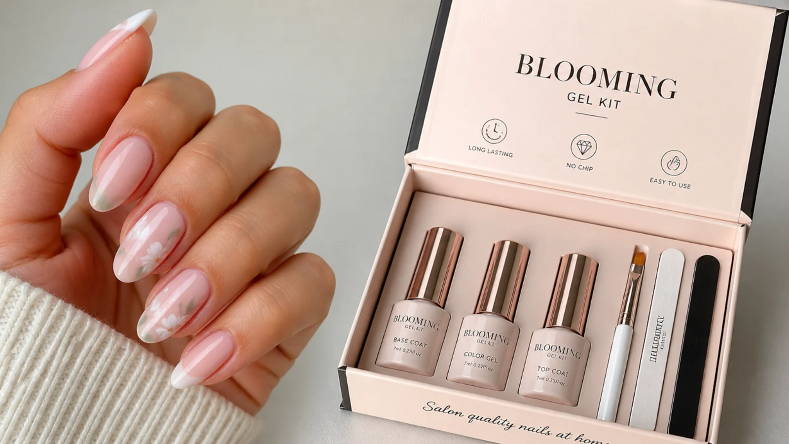 Salon gel manicure next to a home blooming gel kit