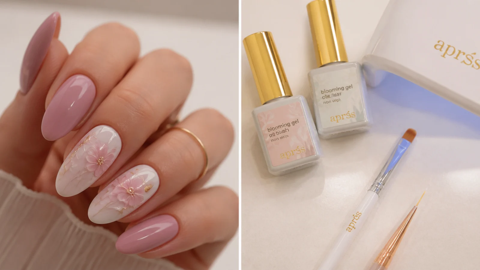 Blooming gel, gel colors, lamp and detail brush arranged on a table