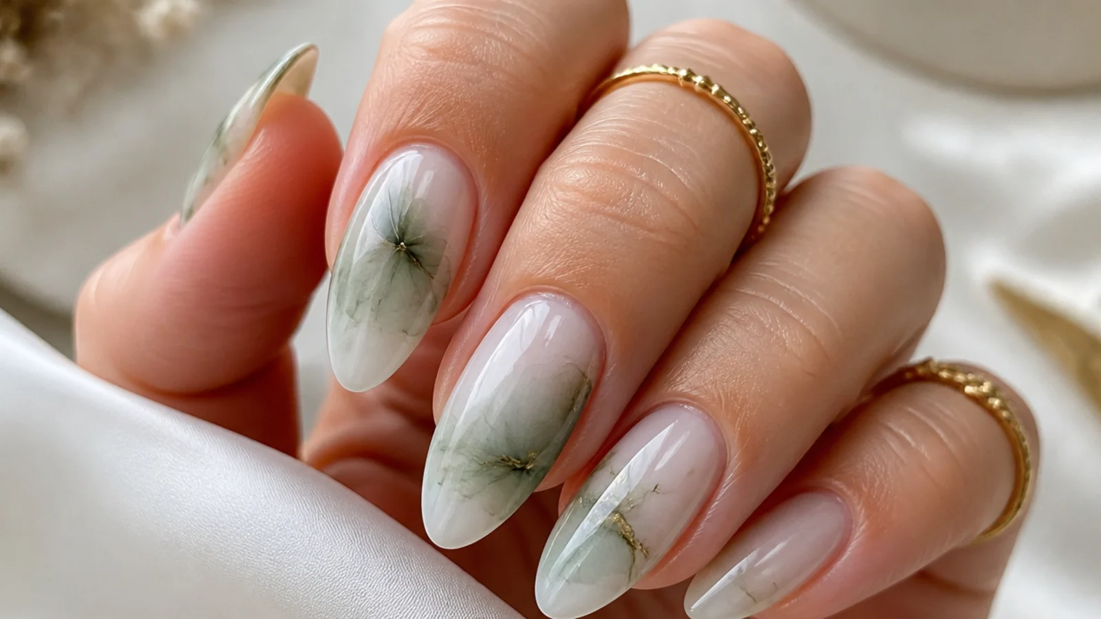 Soft sage green watercolor bloom on almond nails over a milky base