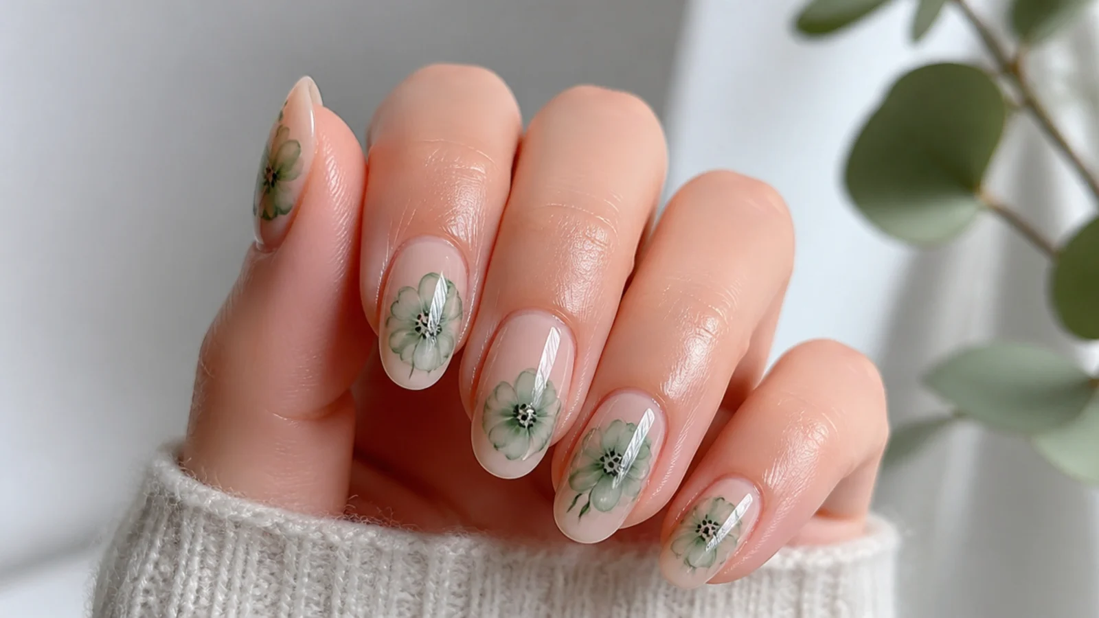 Fern green watercolor flowers with darker centers on a nude base