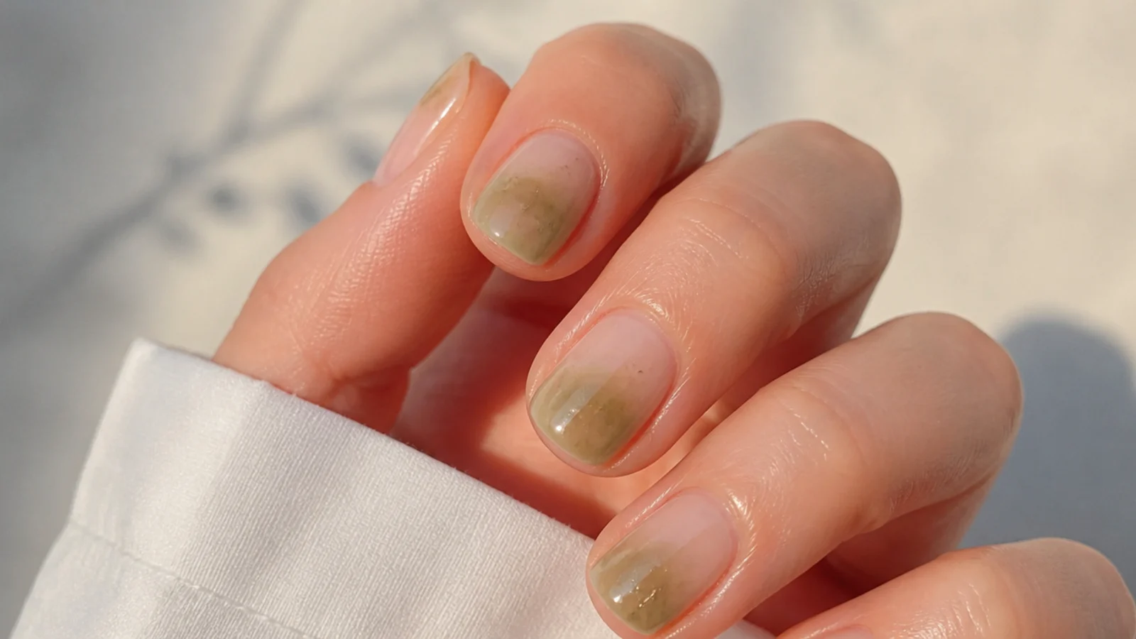 Sheer olive green watercolor wash over a nude base on short nails