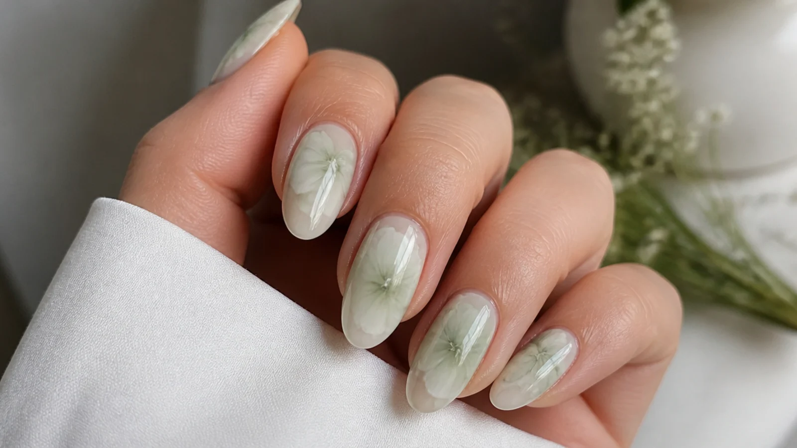 Pale pistachio green soft bloom over a milky base on almond nails