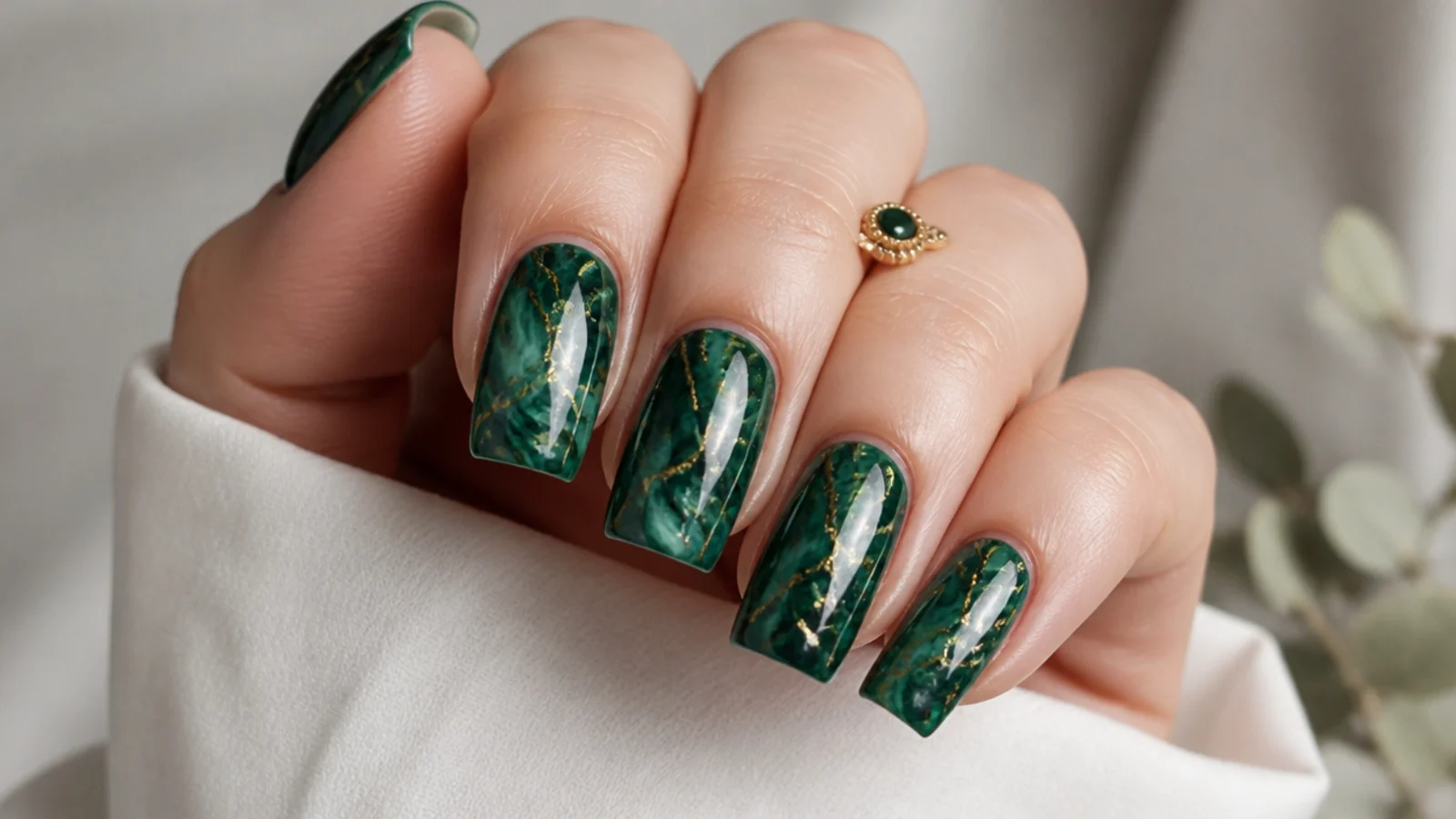 Emerald green marble with thin gold foil veins on square nails