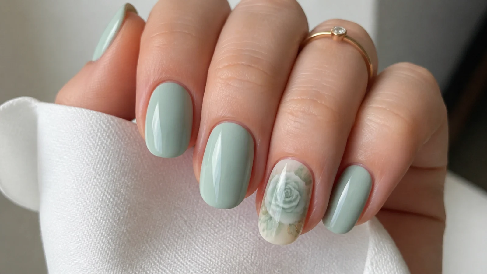 Seafoam green bloom on one accent nail with solid nails alongside