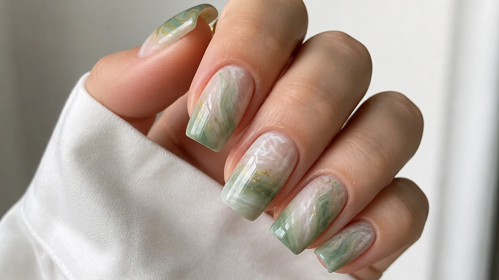 Jade green and white marble swirl over a translucent base on square nails