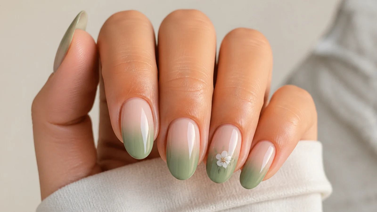 Soft green blooming gel diffused at the tips like a French over a nude base