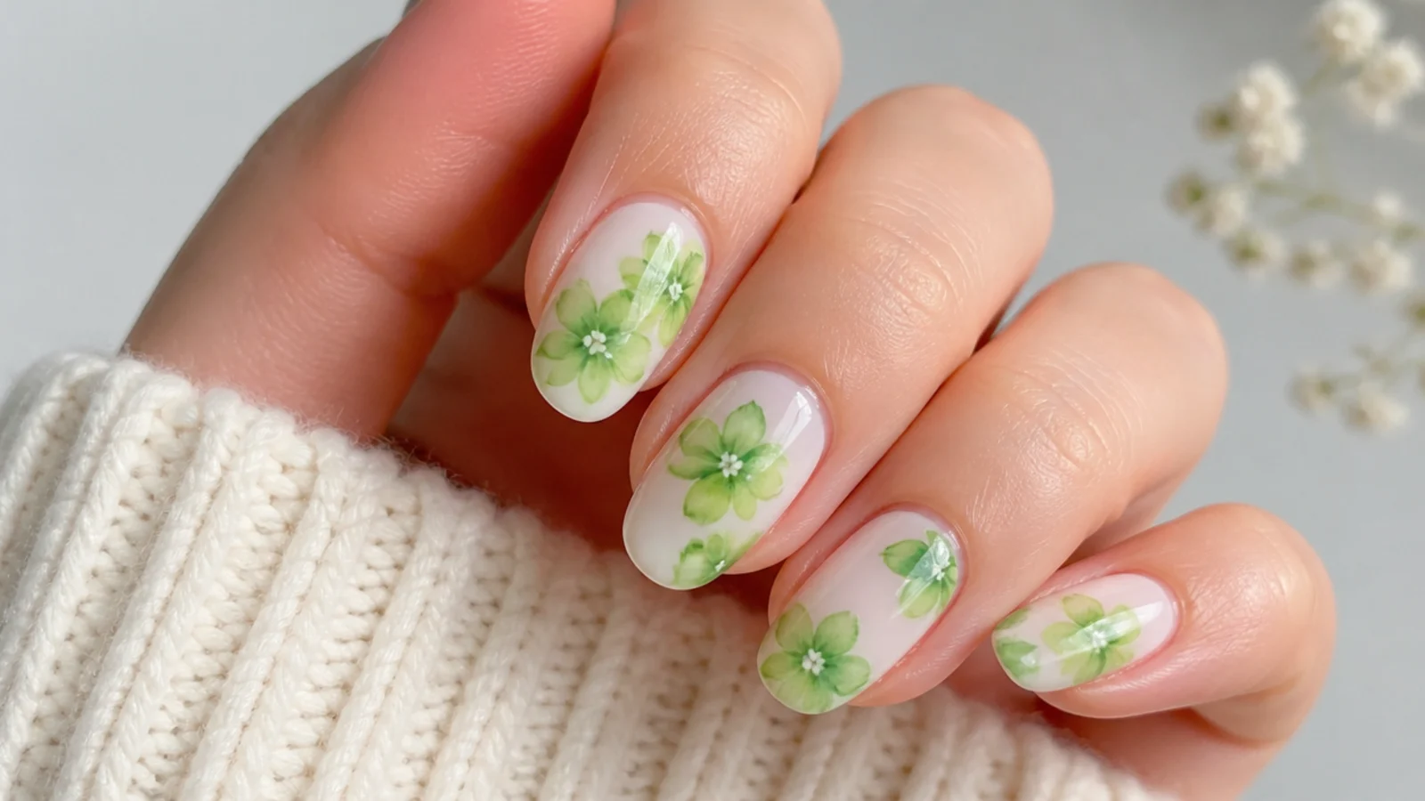 Bright clover green watercolor flowers with white centers on a milky base