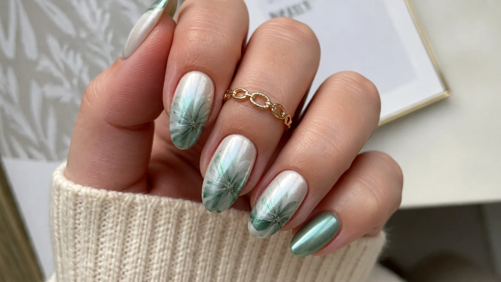 Emerald green bloom finished with a pearl chrome sheen on almond nails