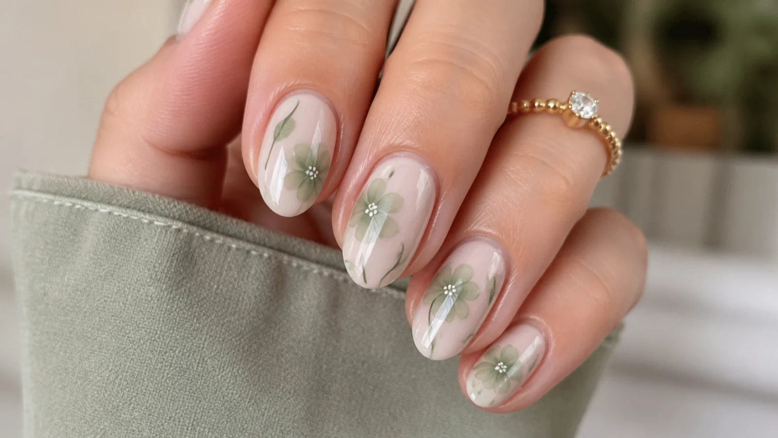 Soft sage green bloom on short almond nails over a milky base