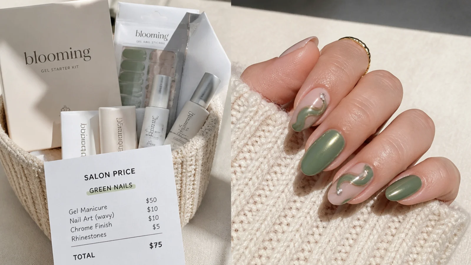A blooming gel starter kit beside a salon price note for green nails