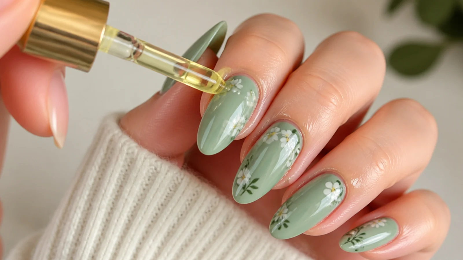 Cuticle oil applied to a green blooming gel manicure to extend wear