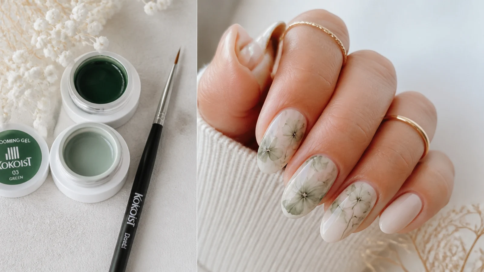 Blooming gel, green gel colors and a detail brush laid out for a nail set