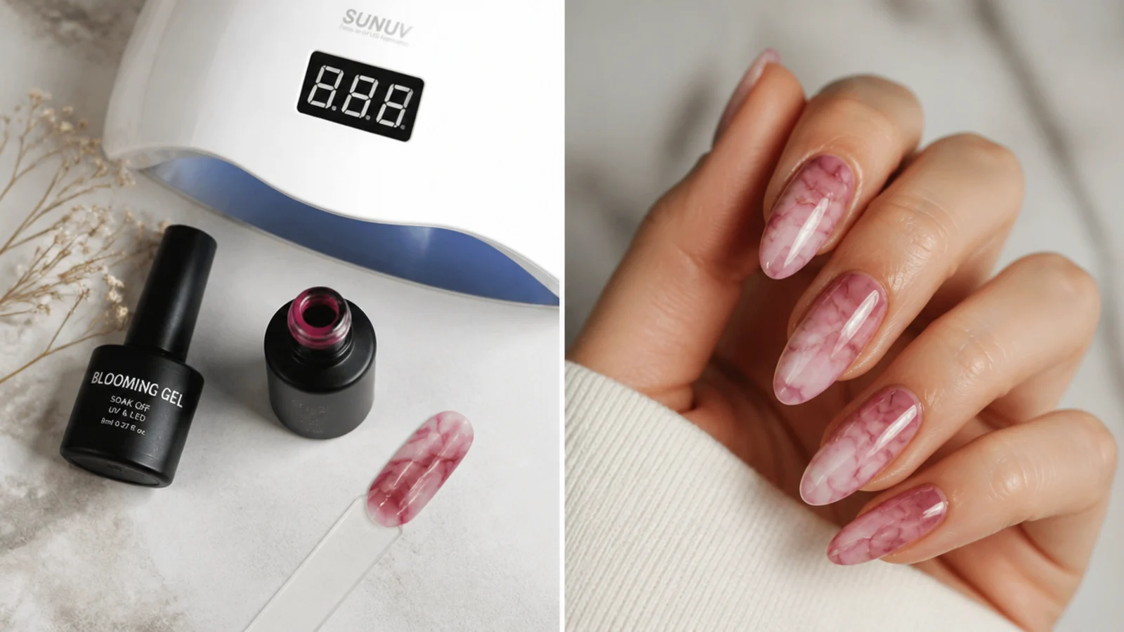 Flat lay of gel nail supplies including blooming gel and an LED lamp