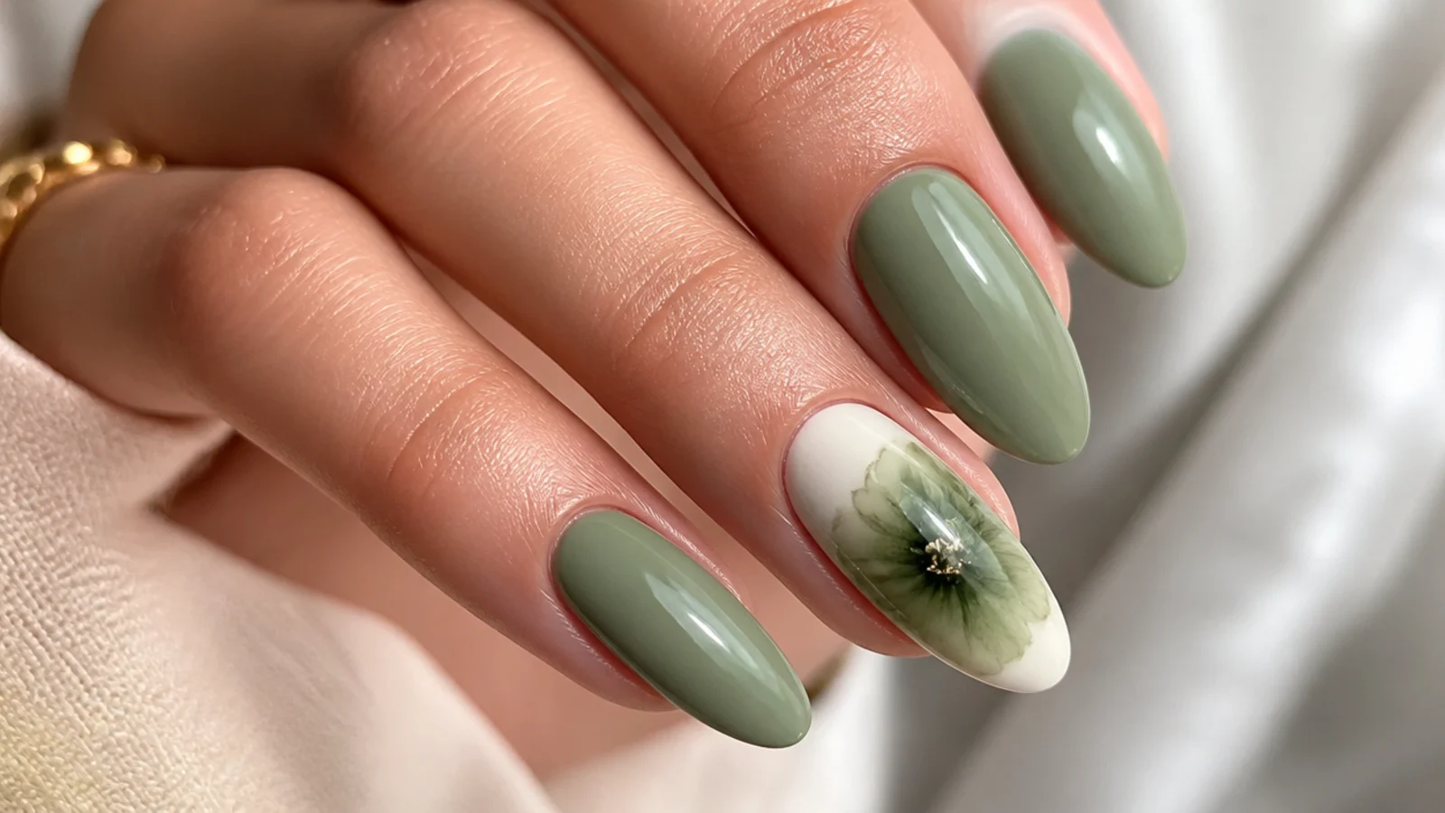Close-up of green gel color diffusing into a soft bloom on a nail