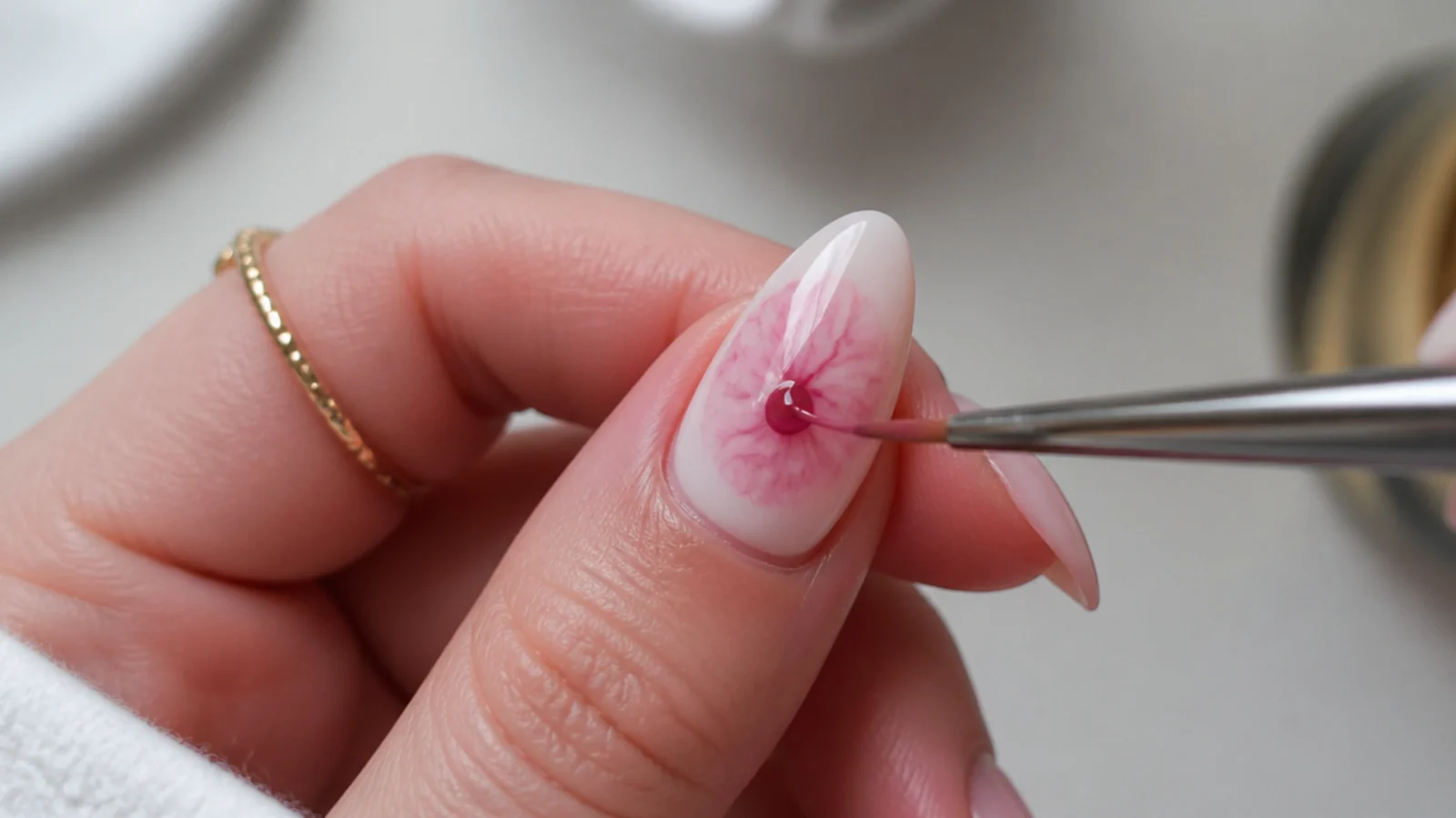 A drop of gel color spreading into a soft watercolor bloom on a nail at home