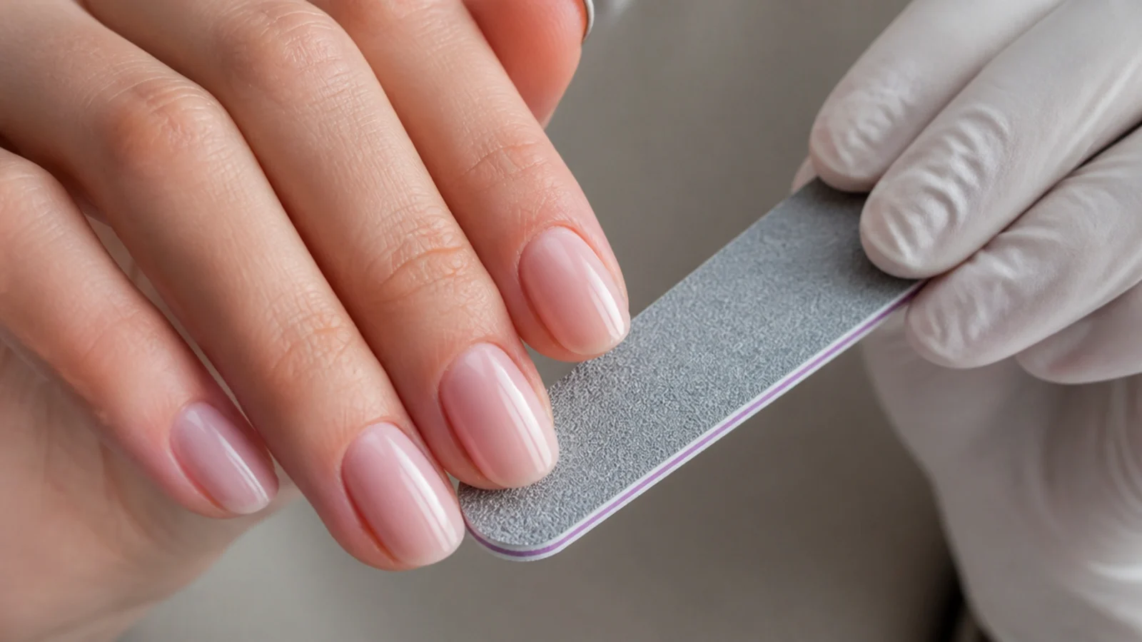 Nails being shaped and buffed in preparation for gel