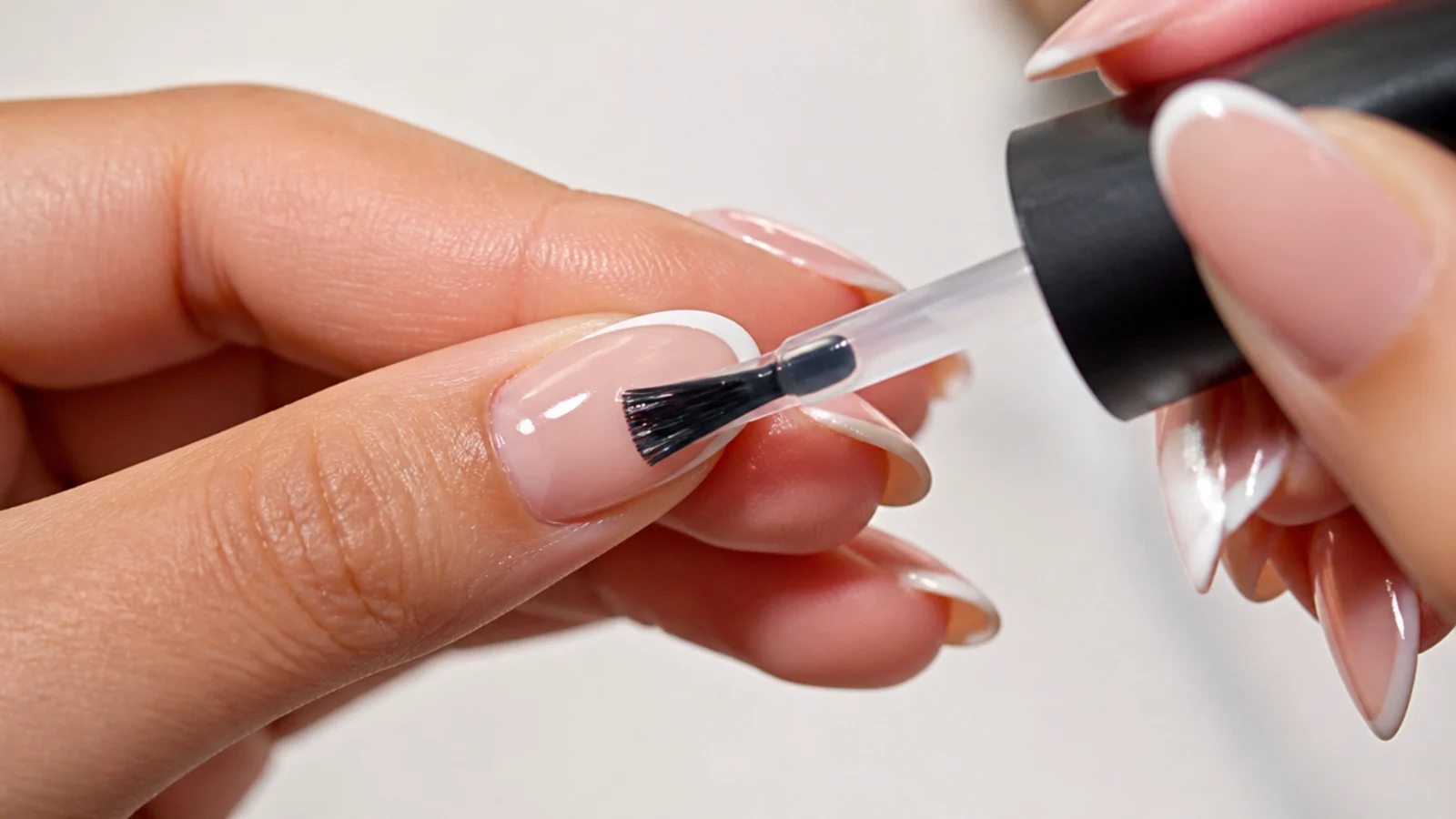 A thin gel base coat being applied to a prepped nail