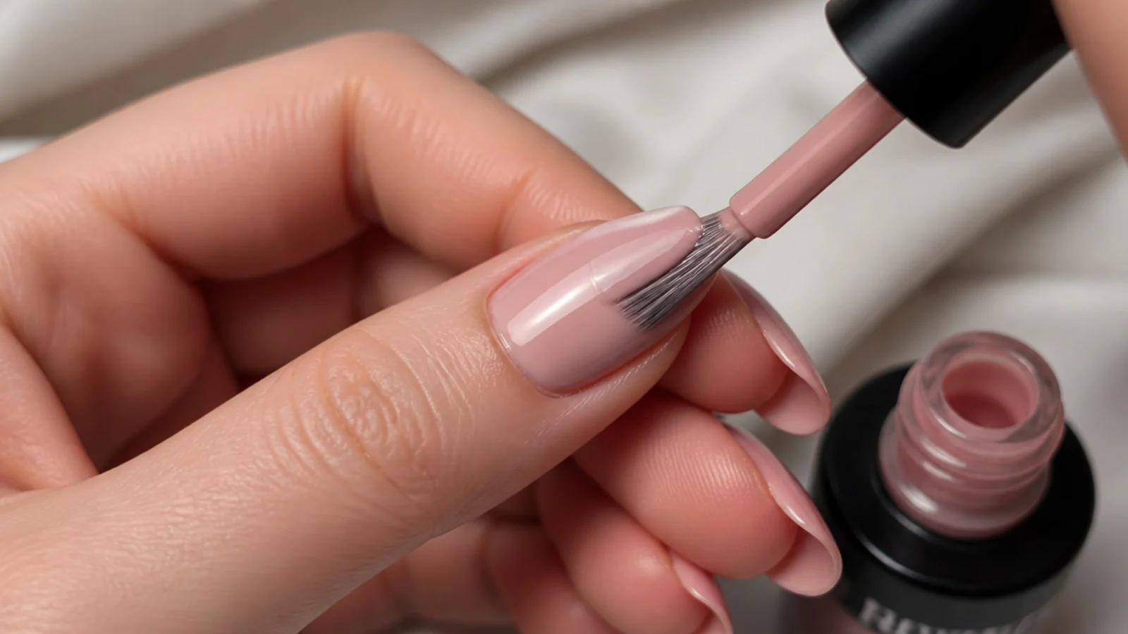A soft gel color base being painted over the whole nail