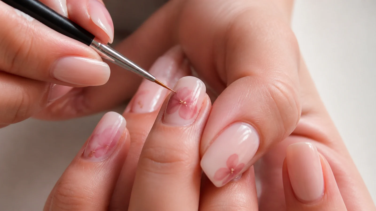 A clean liner brush guiding diffused gel color into a soft flower shape