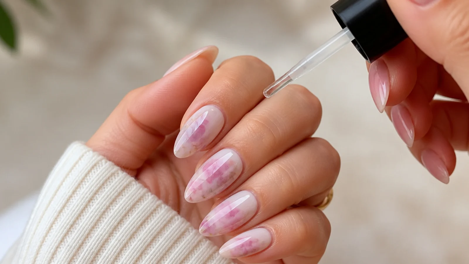 A glossy no-wipe top coat sealing the finished watercolor nails