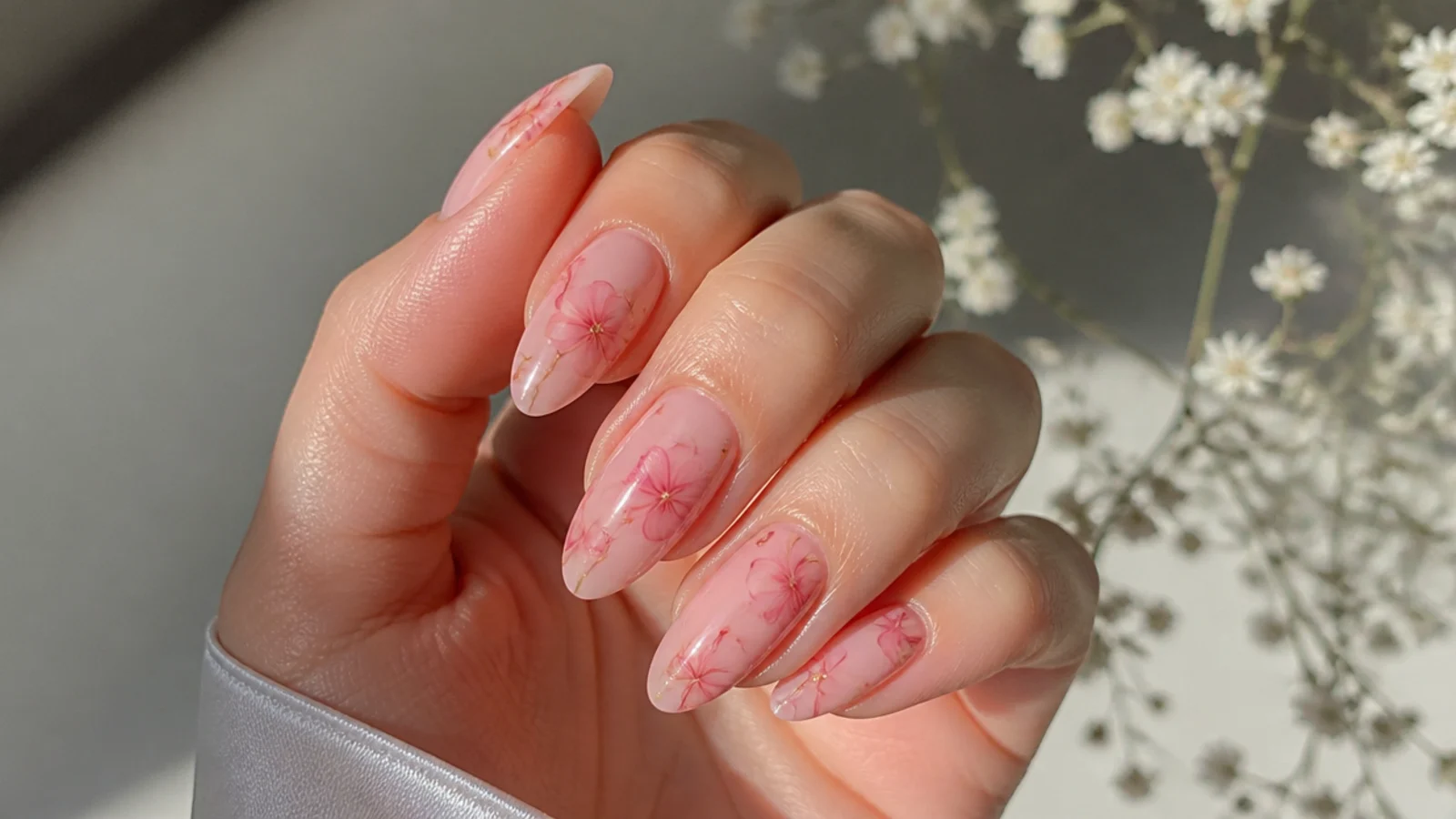 Soft pink watercolor bloom blooming gel nails on almond shapes