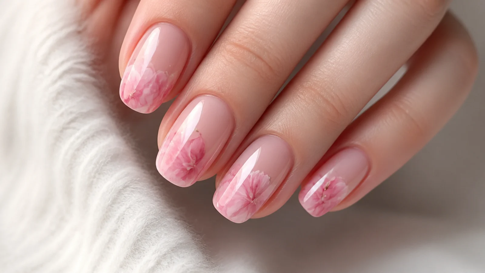 Pink watercolor peony petal blooming gel nails
