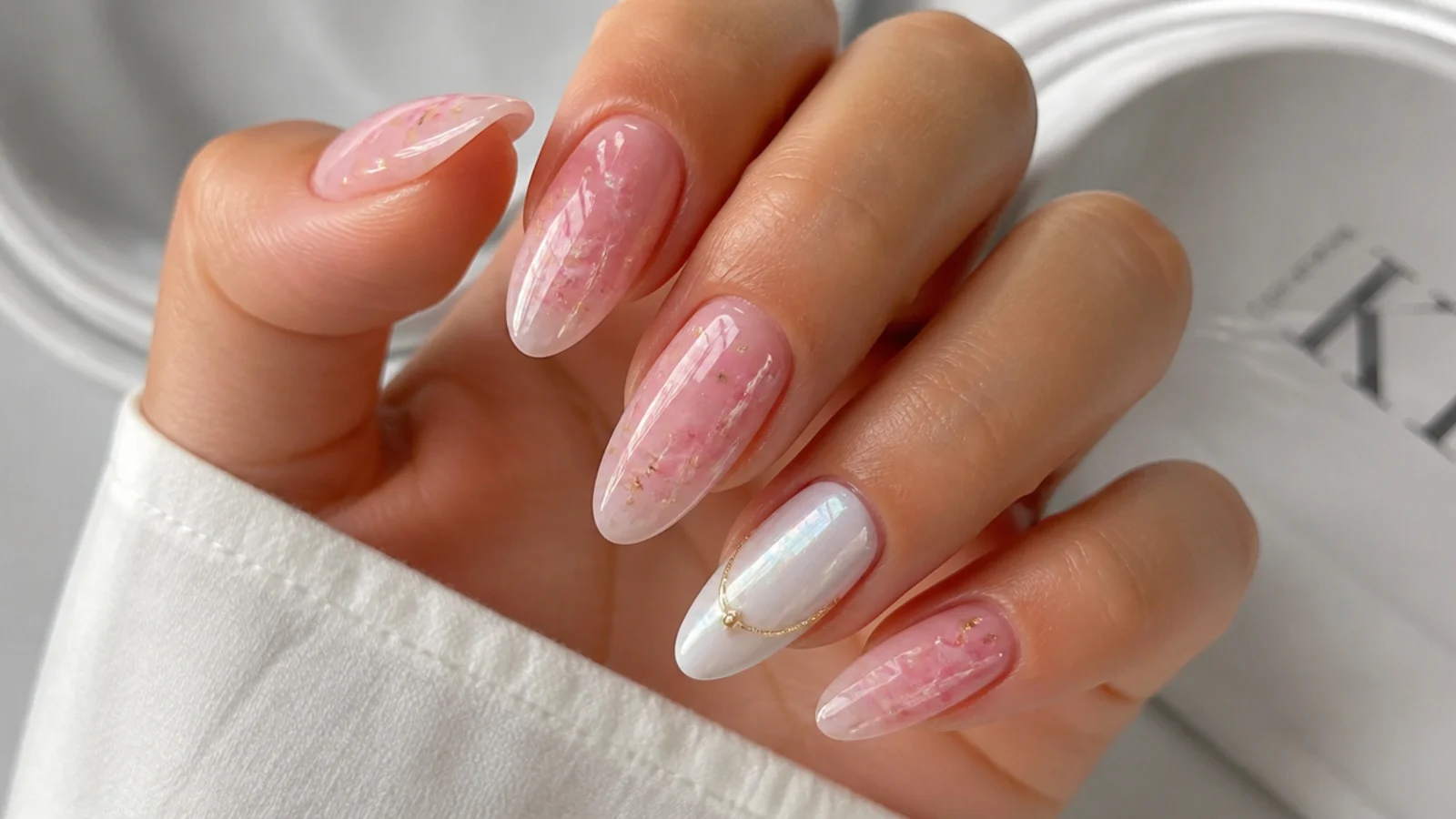 Soft pink and white marble blooming gel nails