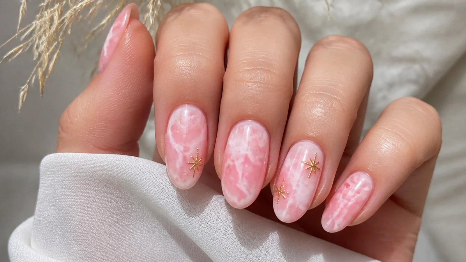 Pink and white tie-dye swirl blooming gel nails