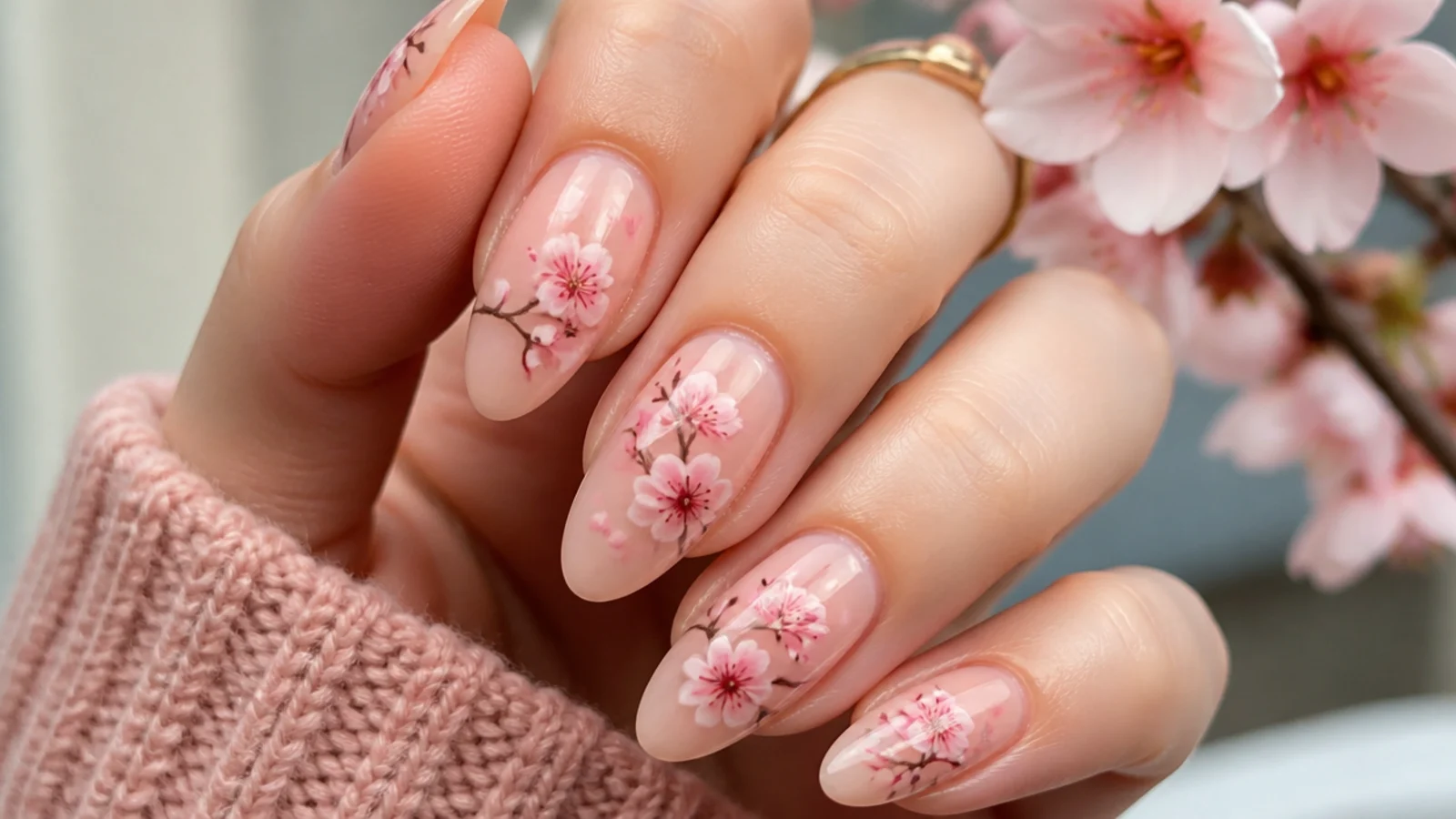 Pink cherry blossom blooming gel nails with small blurred flowers
